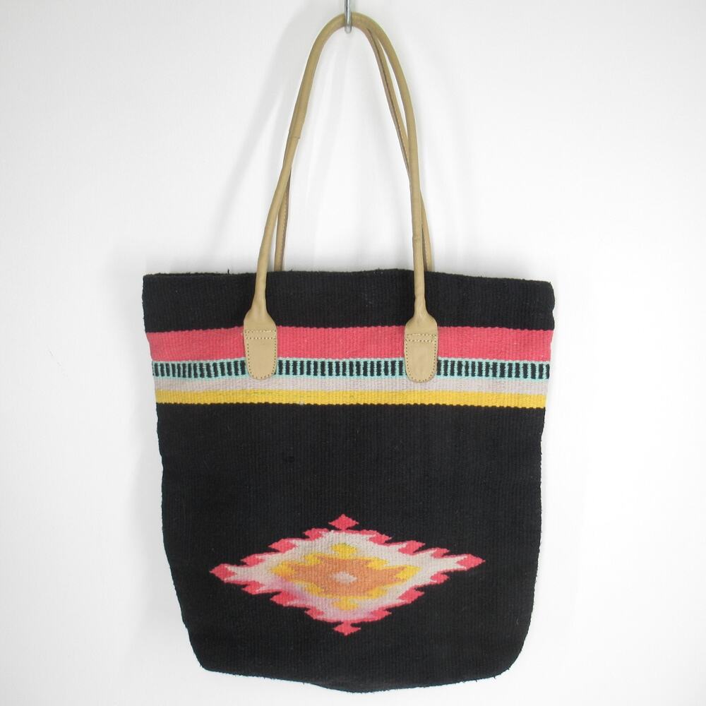 Ecote Tote Handbag Large Black Cotton Southwestern Blanket Wool Leather Handles